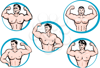 Cartoon bodybuilders in different poses show a muscles. Framed by round blue fcircles, for fitness or gym sport design
