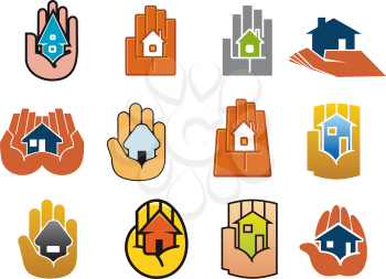Houses in hands abstract symbols with stylized colorful hands holding small houses, as a concept of security, protect or save for real estate design