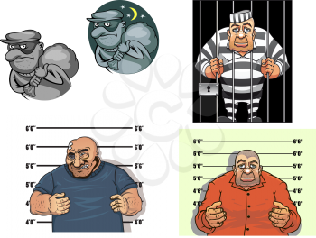Criminal cartoon characters with thief in mask and sack, robber, gangster makes a prisoner photo against height chart and prisoner in jail behind bars