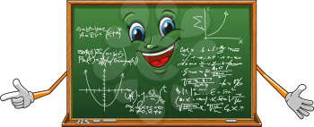 Cheerful cartoon green blackboard character with mathematics chalk formulas and graphs, for education design
