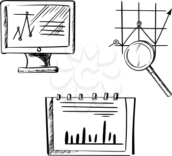 Computer monitor with line chart, notebook with bar graph and growing graph with magnifier, for business or finance icon concept. Sketch style