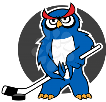Blue owl ice hockey player cartoon character with stick and puck on gray background for sporting club or team mascot design