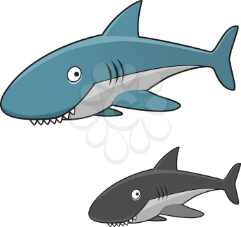Funny cartoon toothy gray shark character with blue back and fins and open gills, for marine theme design