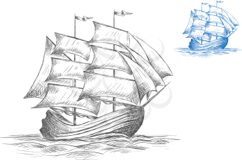 Old wooden sailing ship under full sail on the sea in two color variations in grey and blue, sketch