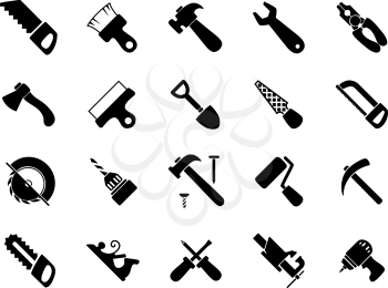 Hand and power tools black icons set with hammers, saws, axe, shovel, screwdrivers, wrench, pliers, drills, paintbrush and roller, spatula, rasp, bench vice, pickaxe and jack plane