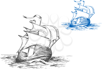 Medieval wooden tall ship under full sails doing turning maneuver in the stormy ocean, for marine adventure or travel design. Sketch style