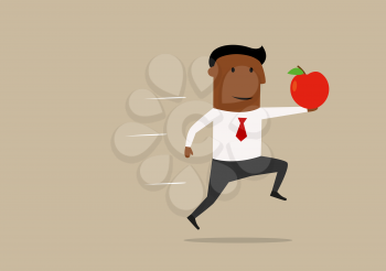 Proud african american businessman running with fresh red apple in outstretched, concept of new idea or research. Cartoon style