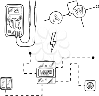 Digital voltmeter, electricity meter with socket and switches, electrical circuit diagram. Sketch icons for electrical supplies and diagram design
