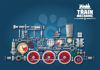 Steam locomotive train made up of mechanical parts as steam engine, power transmission system, gearbox, cogwheels, colorful pressure gauges, valves, running gears with red wheels, cylinders, pipe, hea