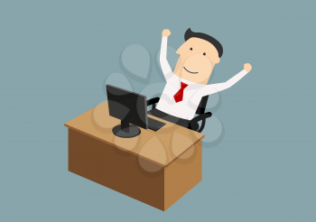Success, goal achievement or good news concept. Happy businessman sitting neap computer and enjoying success with raised hands