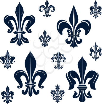 French royal fleur-de-lis dark blue heraldic symbols with ornamental compositions of victorian leaf scrolls and curly tendrils. Heraldry, history, coat of arms, design 