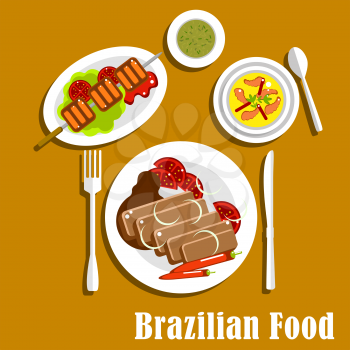 Traditional dinner of brazilian cuisine with feijoada stew with pork and beans, served with fresh tomatoes and chilli pepper, grilled picanha on lettuce, creamy pumpkin soup with shrimps and mate tea.