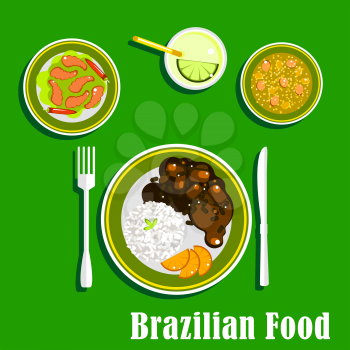 National cuisine of Brazil with black bean and meat stew, served with sliced orange and rice, spicy shrimps with chilli peppers, vegetable soup and lime cocktail with ice. Flat style icons
