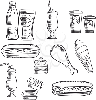 Fast food isolated sketch icons of hot dogs, soda, chicken leg, milkshakes with cherries, cake, ice cream cone, paper cups of coffee, sauce containers. Addition for cafe and takeaway food restaurant d
