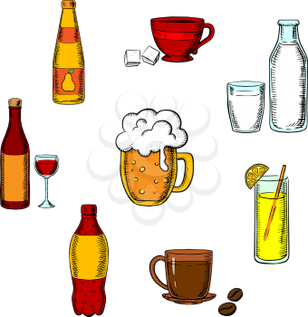 Drinks, alcohol and beverages icons of a wine bottle and glass, beer, coffee, tea, milk bottle and glass, orange juice and a soft drink soda