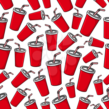 Fast food sweet soda drink seamless pattern of takeaway red paper cups with drinking straws scattered over white background. Fast food cafe or takeaway menu design usage 