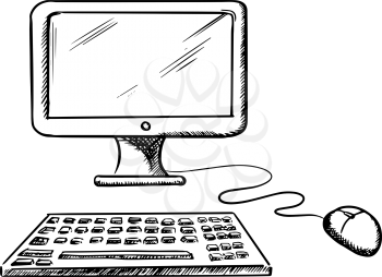 Desktop computer with monitor, mouse and keyboard isolated on white background, for technology design. Sketch style