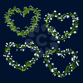 Floral heart frames and borders with white field flowers, roses, lilies of the valley, daisies and green herb twigs on dark background