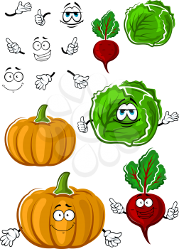 Funny cartoon squash, cabbage and beet vegetables isolated on white background. For agriculture or vegetarian food design
