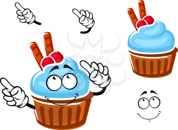 Cartoon chocolate cupcake character with blue mint cream, cranberry fruits and waffle tubes for pastry shop or dessert design