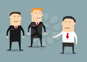 Businessman with security guards on meeting, cartoon flat style