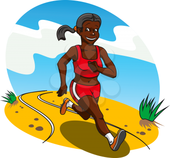 Young african woman cross country runner running along a sandy road with a smile