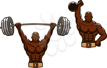 Half body of cartoon african american muscular man lifting heavy weights, isolated on white background