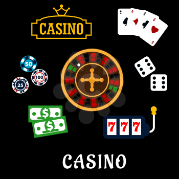 Casino flat icons with symbols of roulette wheel, dice, playing cards, gambling chips, dollar bills, casino sign board with golden crown and slot machine with triple seven 