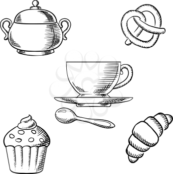 Cup of coffee with spoon, surrounded by cupcake with whipped cream, croissant, pretzel and sugar bowl. Sketch icons