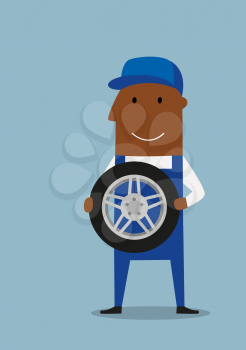 Cartoon friendly smiling african american mechanic in blue uniform standing with wheel, for profession concept design