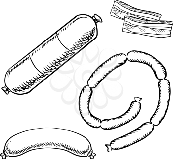 Pork sausages ring, salami, bacon, bologna and smocked sticks of sausage. Sketch icons for butcher shop or barbecue theme