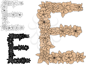 Vintage floral letter E in uppercase font, decorated by flowers and leaves, for monogram or font design
