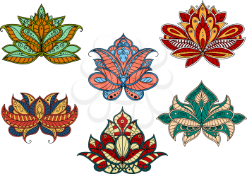 Colorful paisley flowers with curved petals and leaves, adorned by traditional indian ornaments. For oriental textile, interior elements or carpet pattern design