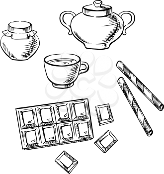 Cup of coffee or tea with chocolate bar, honey jar, waffle rolls and sugar bowl sketch icons