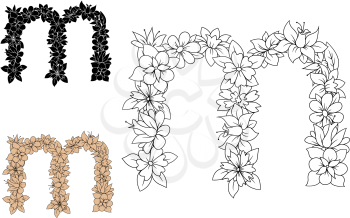 Decorative floral font lowercase letter m, with outline colorless flowers and leaves, for monogram or greeting card design 