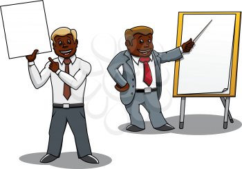 Cartoon african american businessmen pointing at blank whiteboard and flip chart. Making presentation, business training or seminar