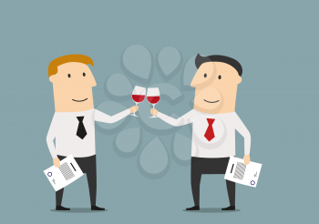 Cheerful smiling cartoon businessmen celebrating the signing of successful contract. With red wine in hands, for business or celebration theme concept design