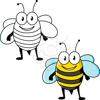 Cartoon funny black and yellow striped bee insect character with happy smile. Mascot or fairytale design