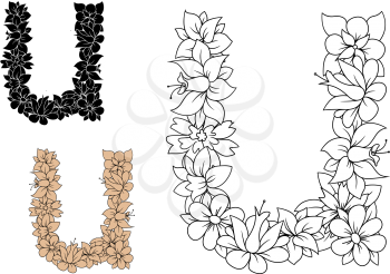 Decorative alphabet letter u in lowercase font with vintage floral pattern in colorless outline, black and brown variations