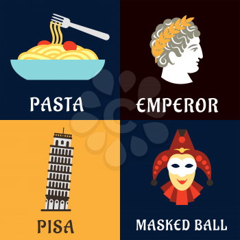 Landmarks, history, culture and national cuisine of Italy. Pasta, Pisa tower, costume and Caesar icons for travel or vacation design