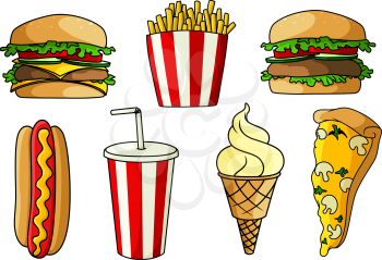 Fresh pizza with mushrooms, hamburger and cheeseburger with fresh vegetables, hot dog, ice cream cone, french fries and soda in striped paper cups. For takeaway or fast food cafe design