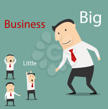 Friendly cartoon smiling big business giving hand for handshake to scared and confused small businessmen. Partnership and teamwork concept