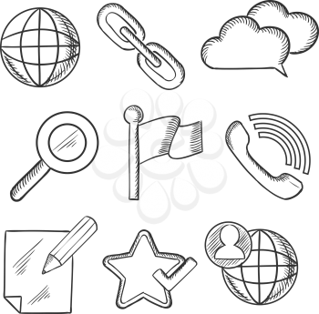Multimedia and telecommunication icons sketches with social media, search, zoom, note, globe, phone, cloud, link and popular elements