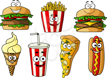 Joyful cartoon fast food hamburger, cheeseburger, pizza, hot dog with mustard , ice cream cone, french fries and soda drink in takeaway striped paper cup. Fast food for cafe or menu design usage