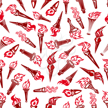 Flaming torchs icons seamless pattern in red and maroon colors. For sport, textile and peace concept design usage