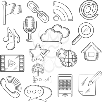 Multimedia and communication sketched icons with smartphone, microphone, music, video player, e-mail, link search, chat, call, cloud storage flag pin home, notebook, rss feed, wi-fi. Vector sketch