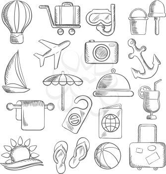 Travel, journey and leisure sketch icons with airplane, luggage and passport, sun and sea, hotel service and sailboat, anchor and cocktail, beach umbrella and toys, camera and diving mask, air balloon