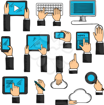 Digital devices and web technology icons in sketch style with human hands and tablets, desktop computer and keyboard, smartphones and digital pen, cloud data storage and search application