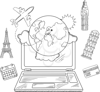 Online travel and sightseeing booking service sketched icons with a laptop surrounded by a globe, calendar, credit card, airplane and international landmarks