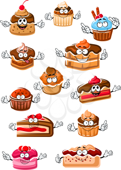 Cartoon delicious cupcakes, chocolate cakes, berry pies, fruity dessert, cheesecake and pudding with whipped cream, fresh fruits and chocolate glaze. Happy sweet pastry or bakery shop and menu usage